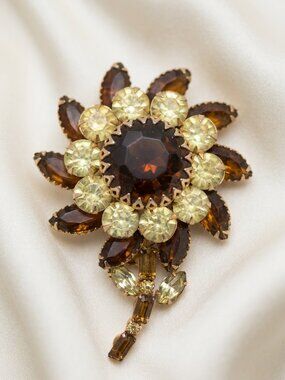 Flower Brooch 3D with Amber Marquise and Prong Set Rhinestones 3 Inch